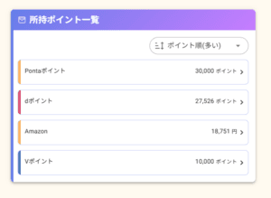 pointcowの所持ポイント一覧画面
